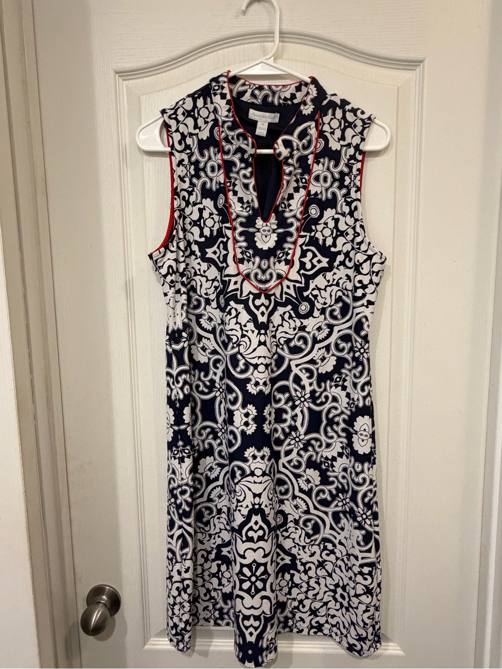 Charter Club Navy and White Sleeveless Patterned Shift Dress with Red Trim